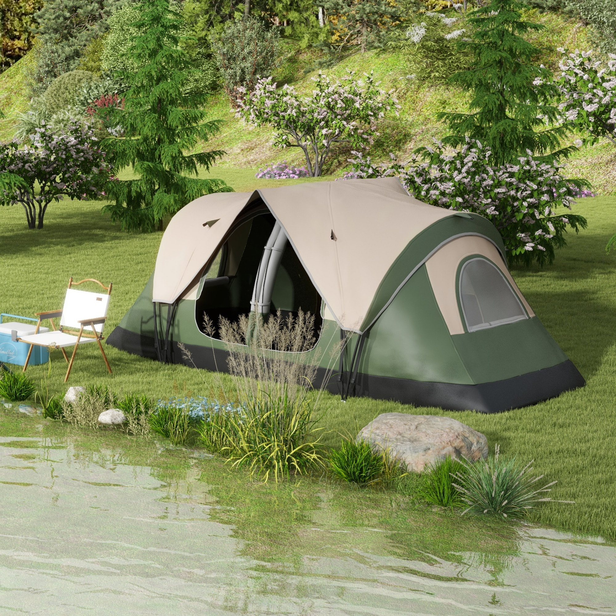 Tienda de Campaña Familiar para 6-8 Personas Tienda de Camping Plegable con 2 Habitaciones y Bolsa de Transporte Impermeable para Senderismo 450x215x180 cm Verde Oliva y Marrón Claro