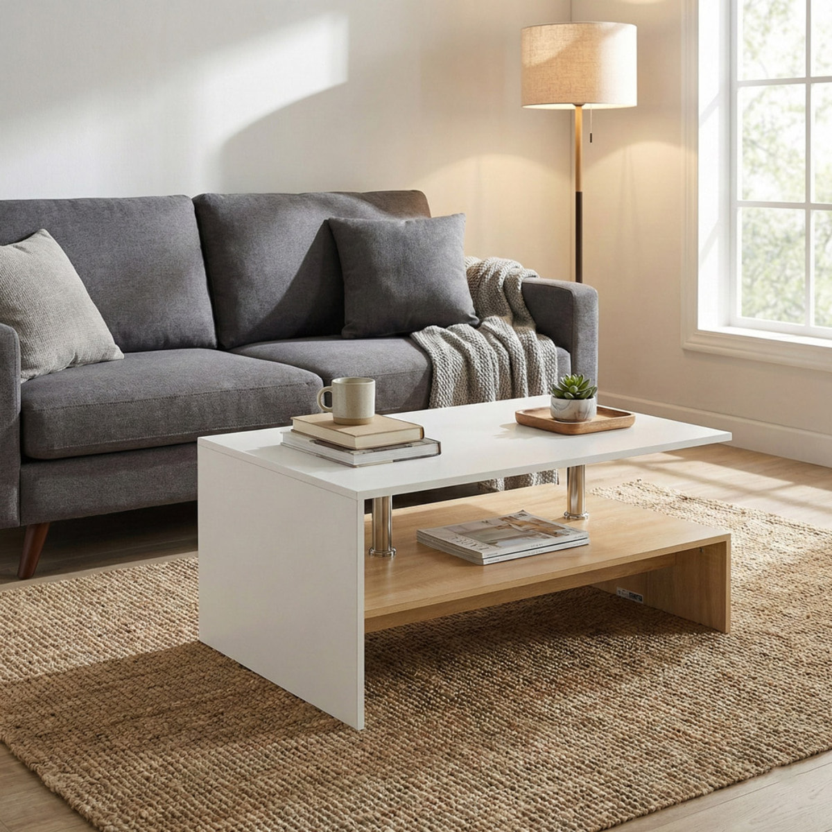 Tavolino moderno bianco e rovere naturale con dettagli in acciaio inox - Celio