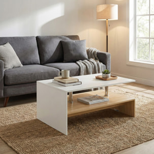 Tavolino moderno bianco e rovere naturale con dettagli in acciaio inox - Celio