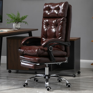 Vinsetto Fauteuil de bureau, chaise de bureau ergonomique avec hauteur réglable, dossier inclinable et repose-pied rétractable et pivotant à 360°, cuir synthétique, pour chambre, télétravail, marron