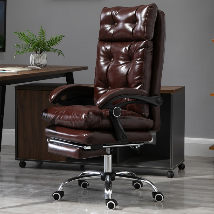 Vinsetto Fauteuil de bureau, chaise de bureau ergonomique avec hauteur réglable, dossier inclinable et repose-pied rétractable et pivotant à 360°, cuir synthétique, pour chambre, télétravail, marron