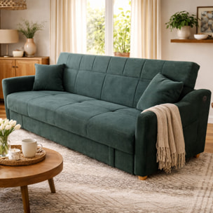 BAKAR Canapé convertible avec coffre en velours côtelé vert 3 places