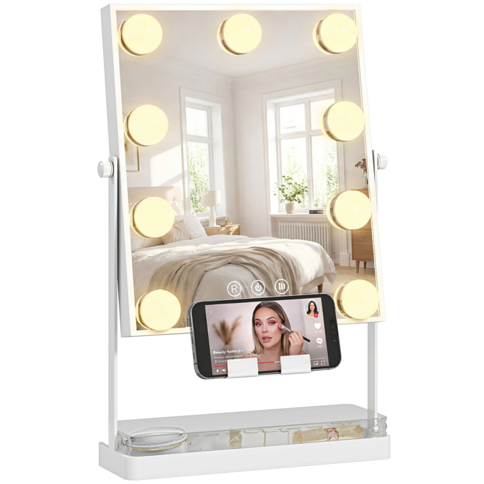 Hollywood Espejo de Maquillaje con Luz, Espejo de Tocador Giratorio con 9 Bombillas LED, 3 Colores, Interruptor Táctil, Soporte para Teléfono y Bandeja Blanco