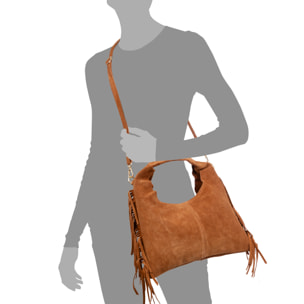 Barisciano bolso de hombro de mujer. Piel auténtica Gamuza, con flecos.