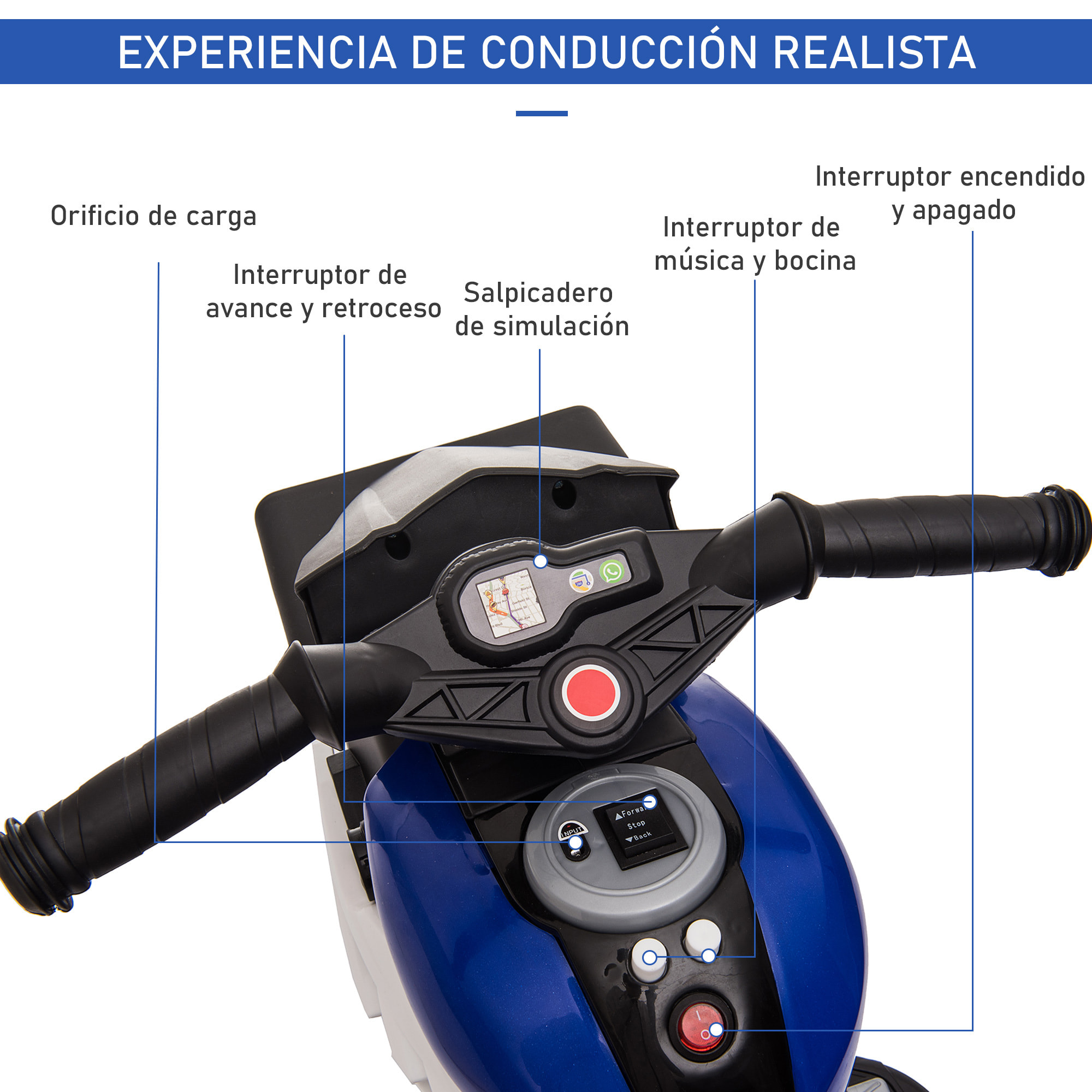 Moto Eléctrica Infantil +3 Años Batería 6V con 3 Ruedas Luces Música Azul Negro