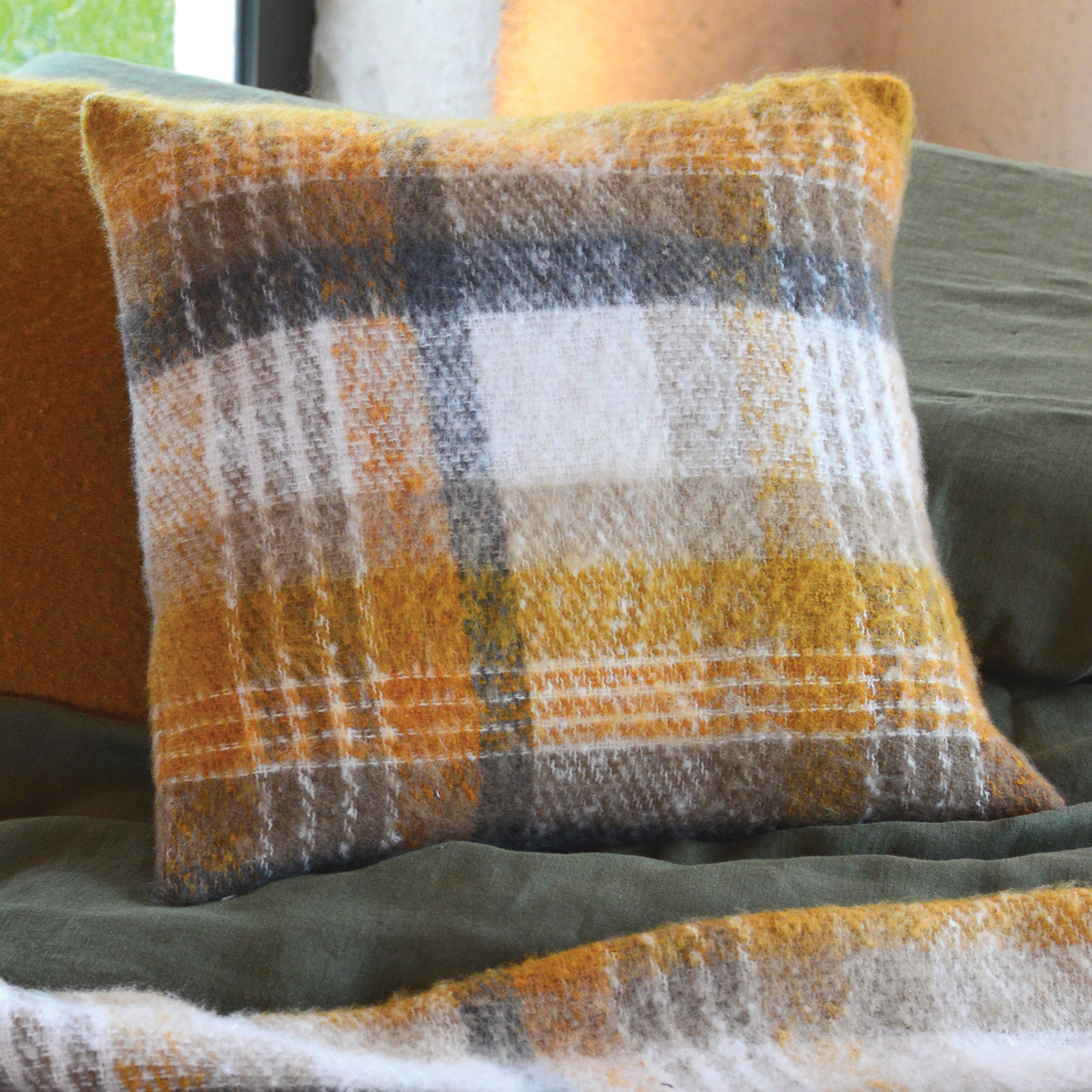 Housse de Coussin tartan Ecossais - Jaune Ocre