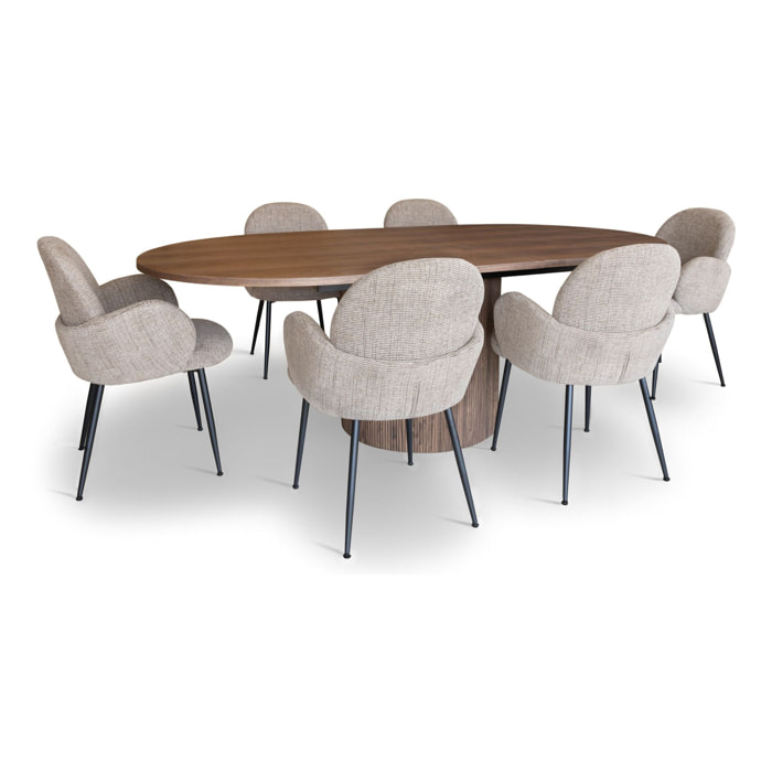 Ensemble table ovale extensible et 6 fauteuils en tweed SIERRA