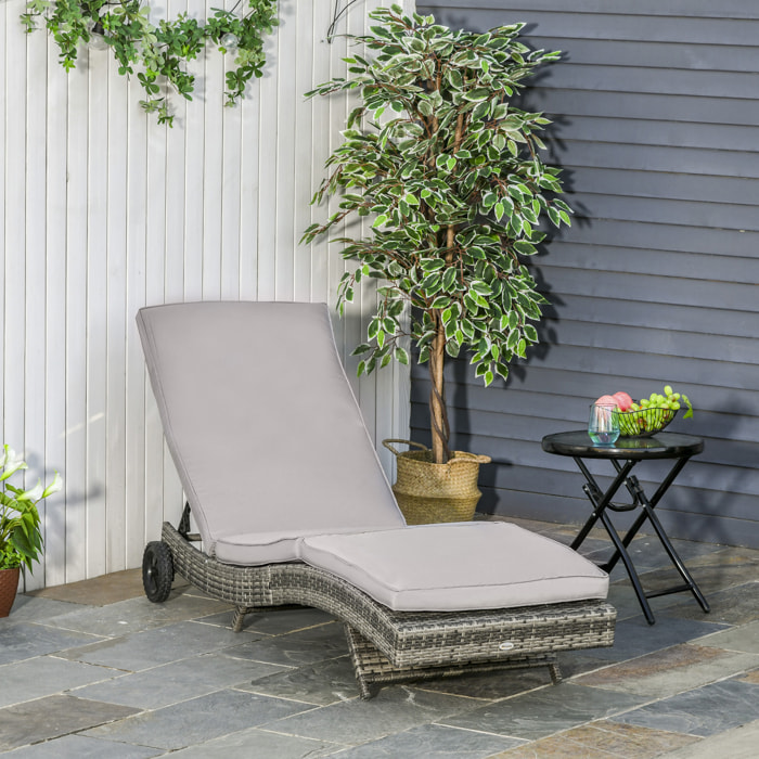 Tumbona de Ratán Reclinable Tumbona de Jardín en Forma de S con 2 Ruedas Respaldo Ajustable en 5 Posiciones y Cojín Extraíble para Patio Terraza 207x70x70 cm Gris Claro