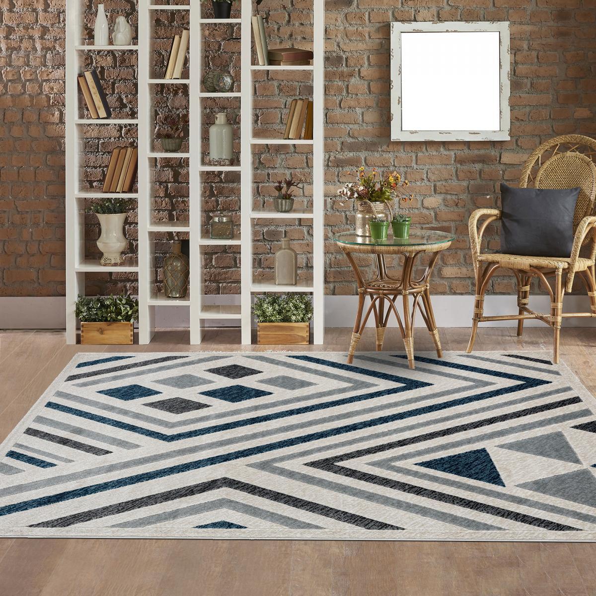 Tapis Koco géométrique Gris, crème et bleu