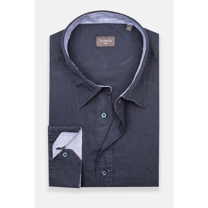 Camicia Uomo 1 Bottone Italiano Lino Unito Blu