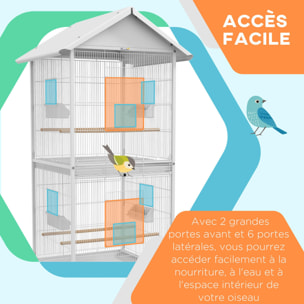 Volière cage à oiseaux sur roulettes design maison mangeoires perchoirs 10 portes plateaux excréments amovibles acier blanc