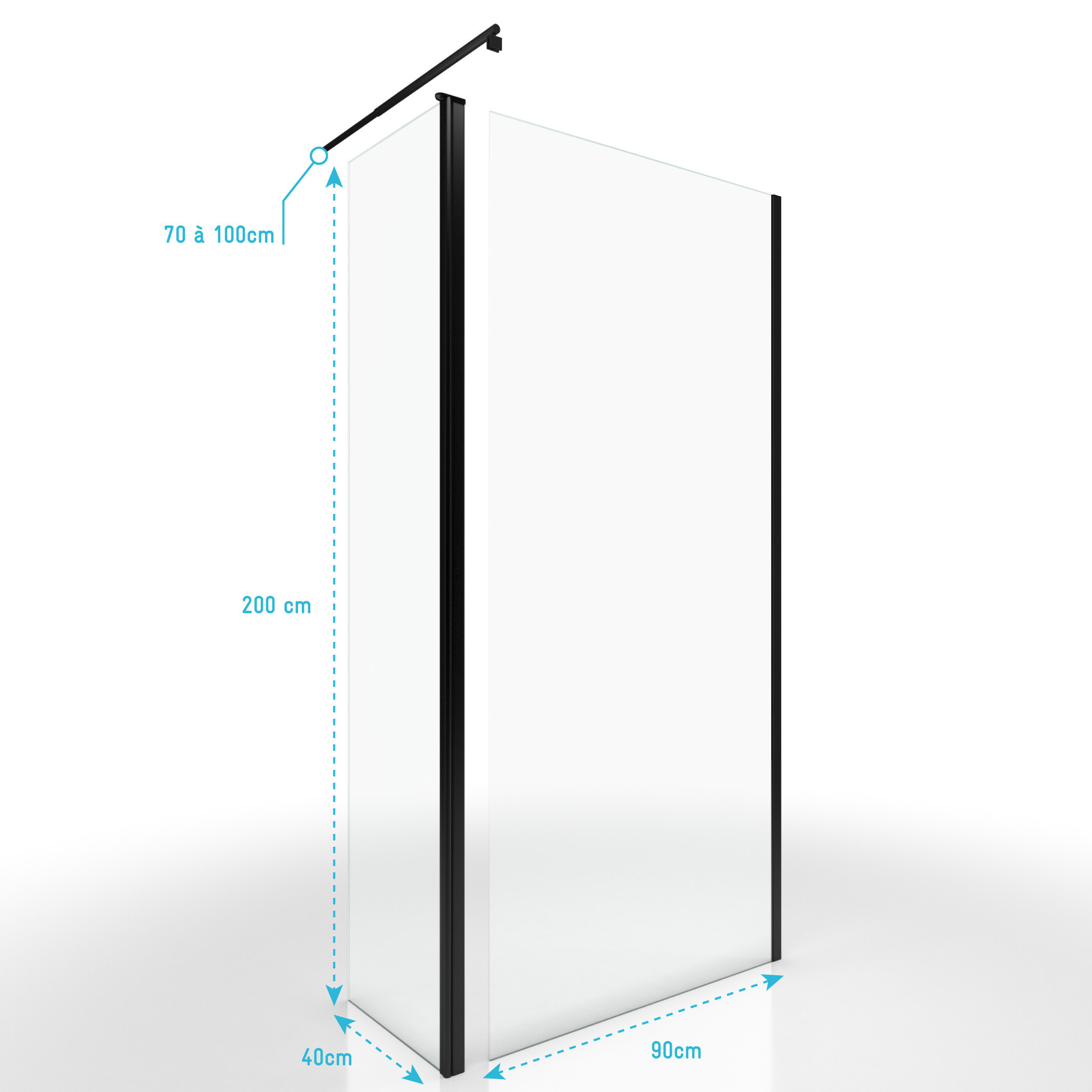 Paroi de Douche et Volet Pivotant 90+40x200 cm - Verre Transparent - Barre de Fixation Noire