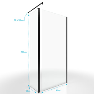 Paroi de Douche et Volet Pivotant 90+40x200 cm - Verre Transparent - Barre de Fixation Noire