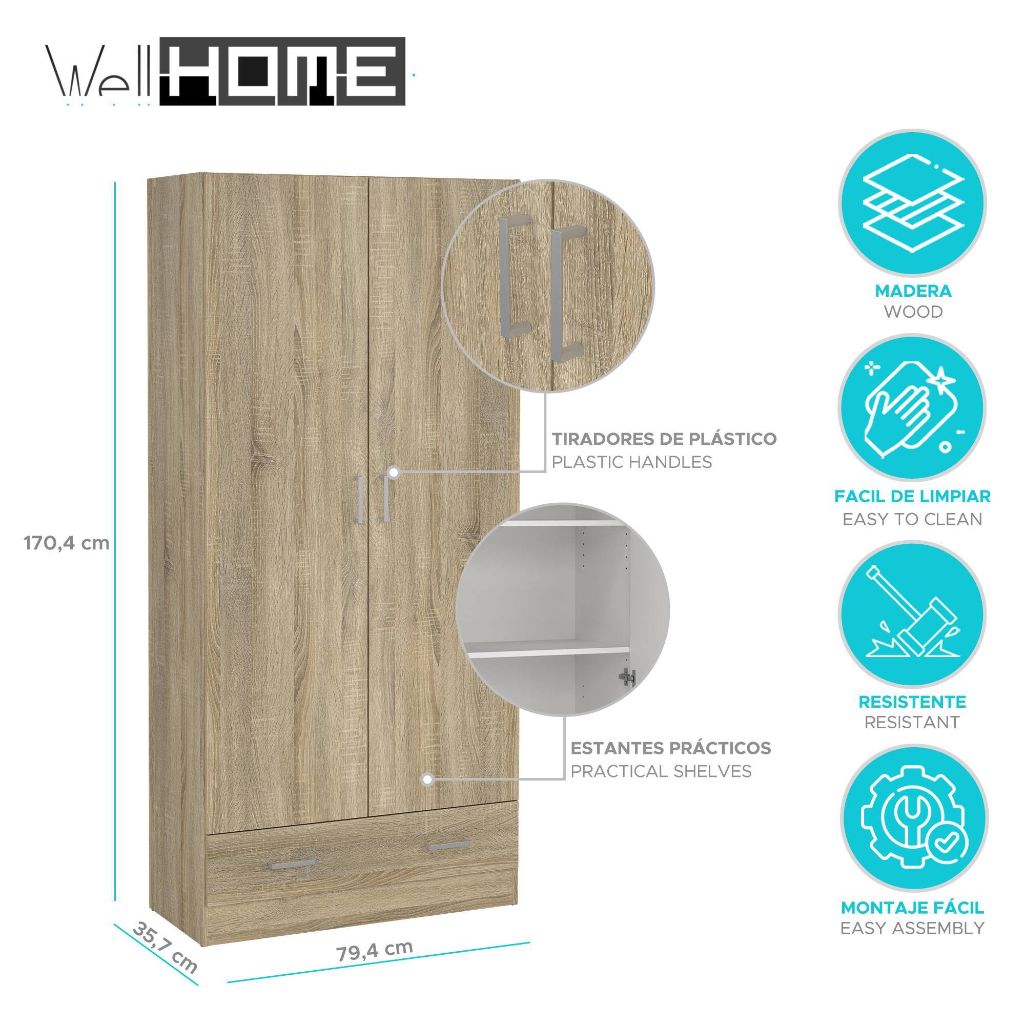Armario duero con 2 puertas y 1 cajón estructura de roble 79,4x35,7x170,4cm