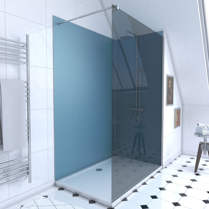 Pack Douche a l'Italienne 90x120 - Kit Panneaux Muraux Bleu/Chrome + Receveur + Paroi Fumee 8 mm