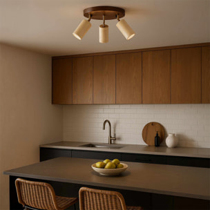 Luminaire rond avec 3 spots orientables en travertin et effet bois TIVOLI