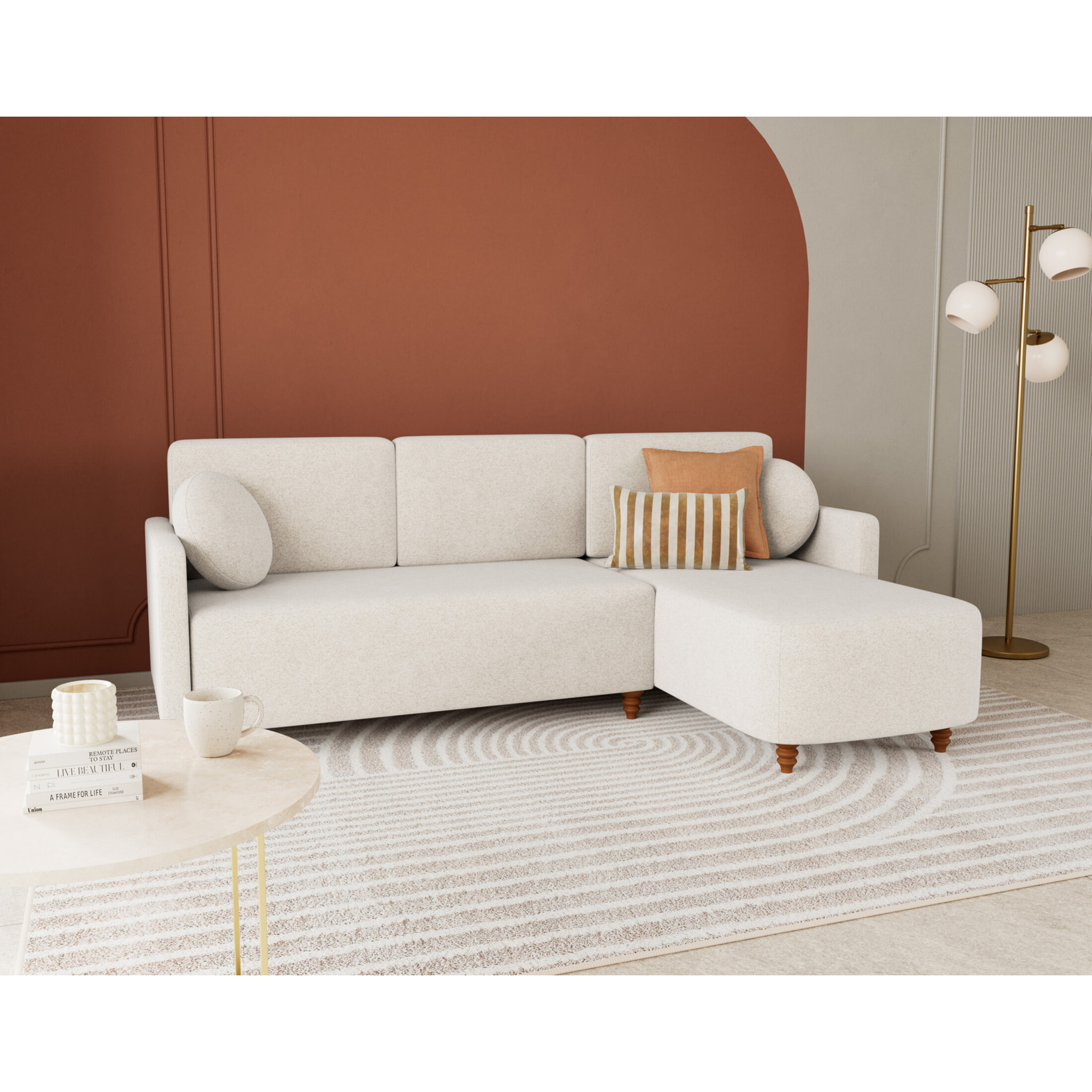 Calypso - canapé d'angle réversible 4 places convertible avec coffre en tissu - Beige