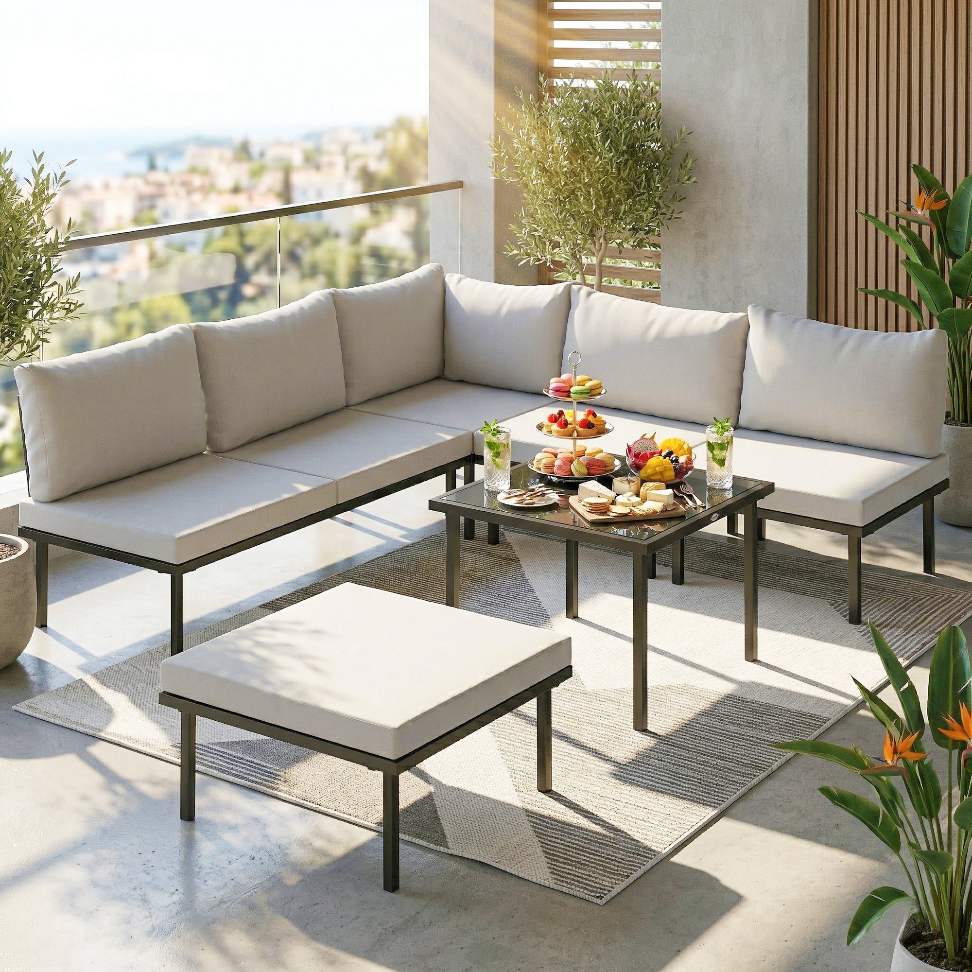 Conjunto de Muebles Jardín Exterior de 6 Piezas Sofá Exterior Seccional Forma de L con Sofá de 2 Plazas Módulo de Esquina 2 Sillones Reposapiés Mesa con Tapa de Vidrio y Cojines Gris Claro
