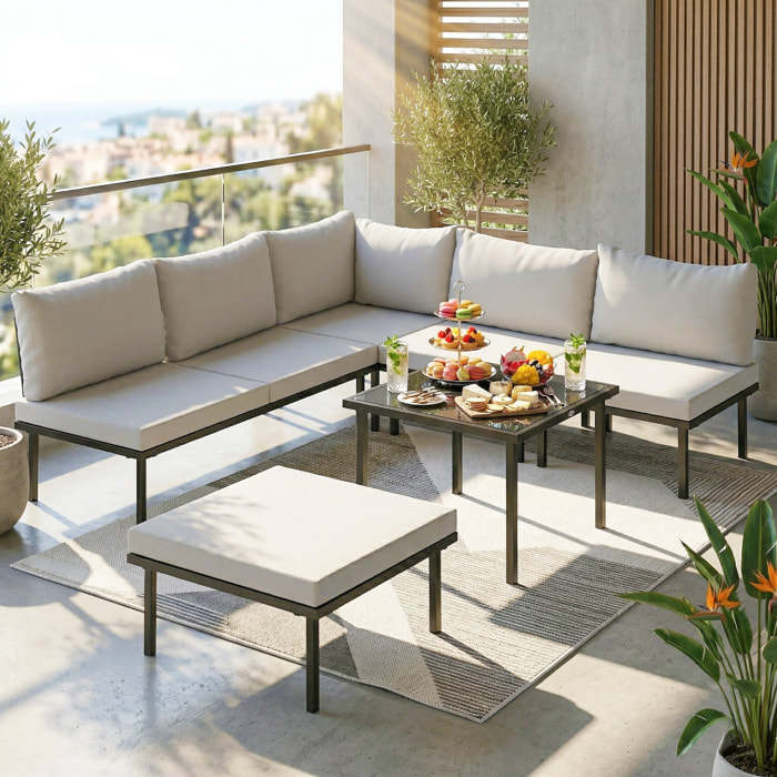 Conjunto de Muebles Jardín Exterior de 6 Piezas Sofá Exterior Seccional Forma de L con Sofá de 2 Plazas Módulo de Esquina 2 Sillones Reposapiés Mesa con Tapa de Vidrio y Cojines Gris Claro