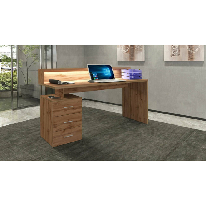 Scrivania Bardi, Scrittoio con sopralzo e luci LED, Scrivania ufficio multiuso, Scrivania salvaspazio multi posizione, 160x60h90 cm, Rovere