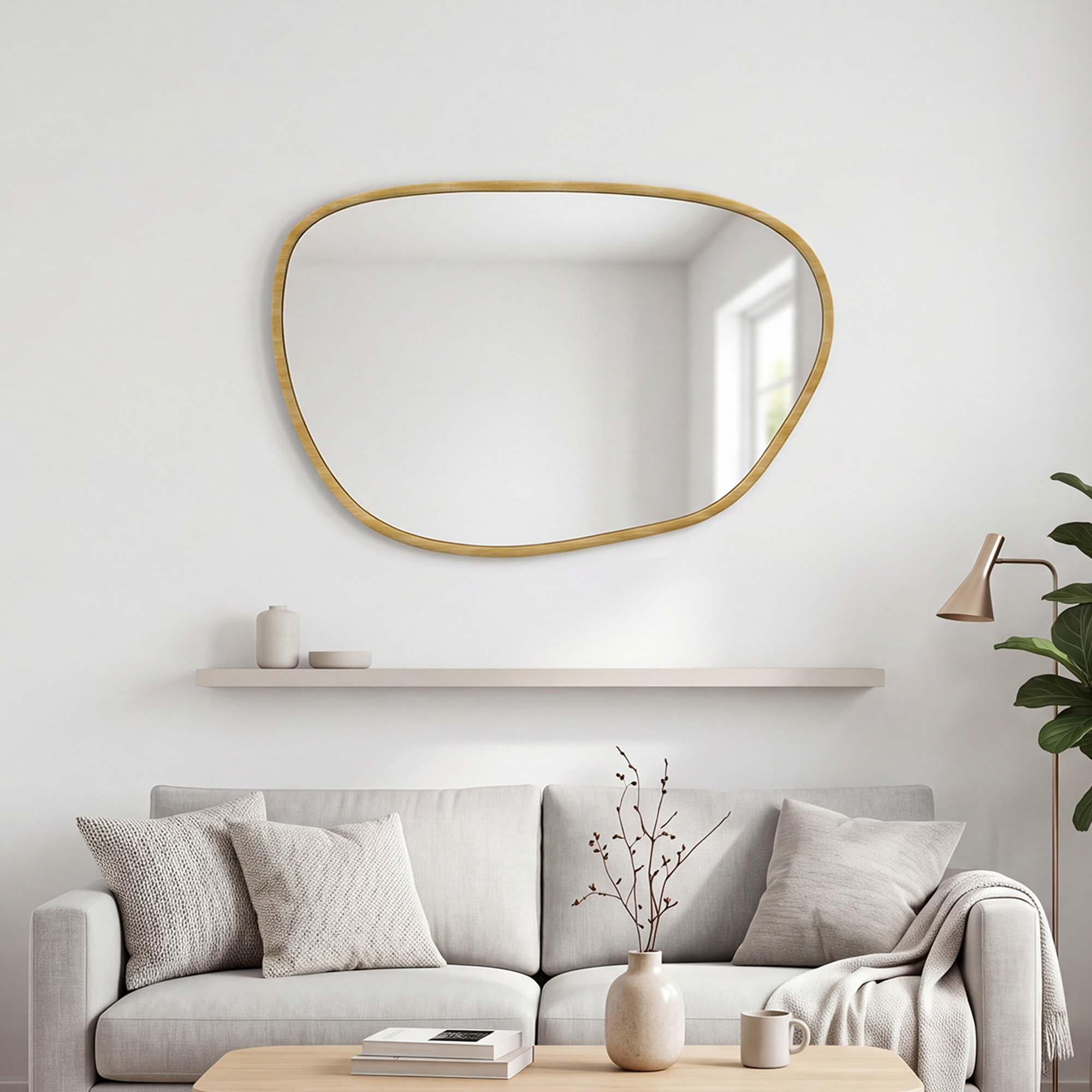 Miroir mural design organique - 90 x 60 cm - effet bois clair naturel
