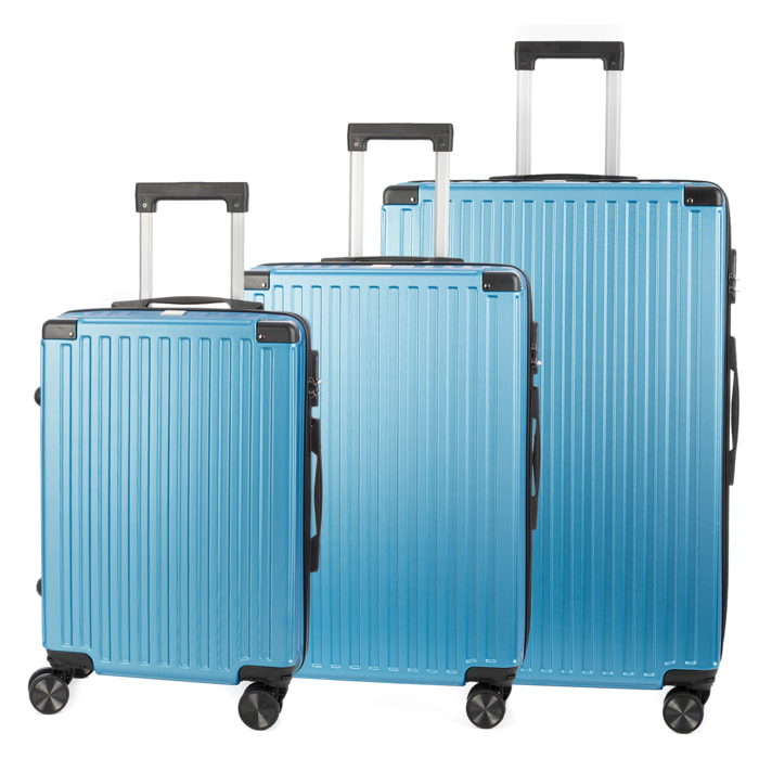 DAM Juego de 3 maletas Trolley, en material ligero ABS de alta resistencia con esquinas reforzadas. Cerradura numérica y 4 ruedas dobles extraíbles y giratorias 360°. 51x30x77 Cm. Color: Azul Vaquero