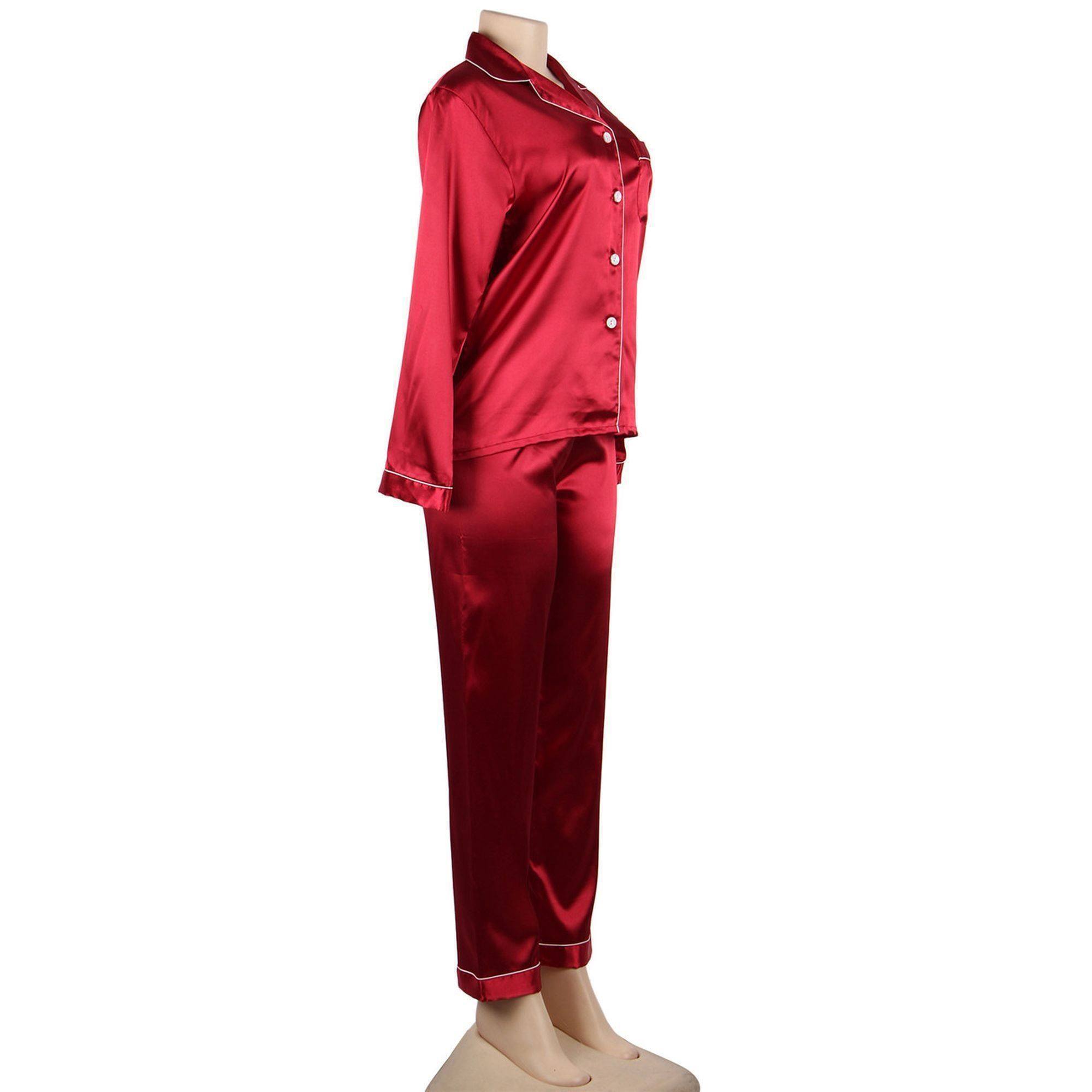 Conjunto de dos piezas ropa de dormir de seda clásica de manga larga rojo