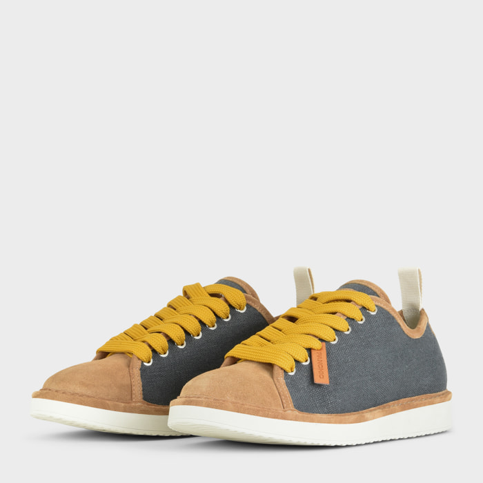 SCARPA ALLACCIATA P01 UOMO IN LINO E SUEDE ASFALTO-BISCOTTO-GIALLO