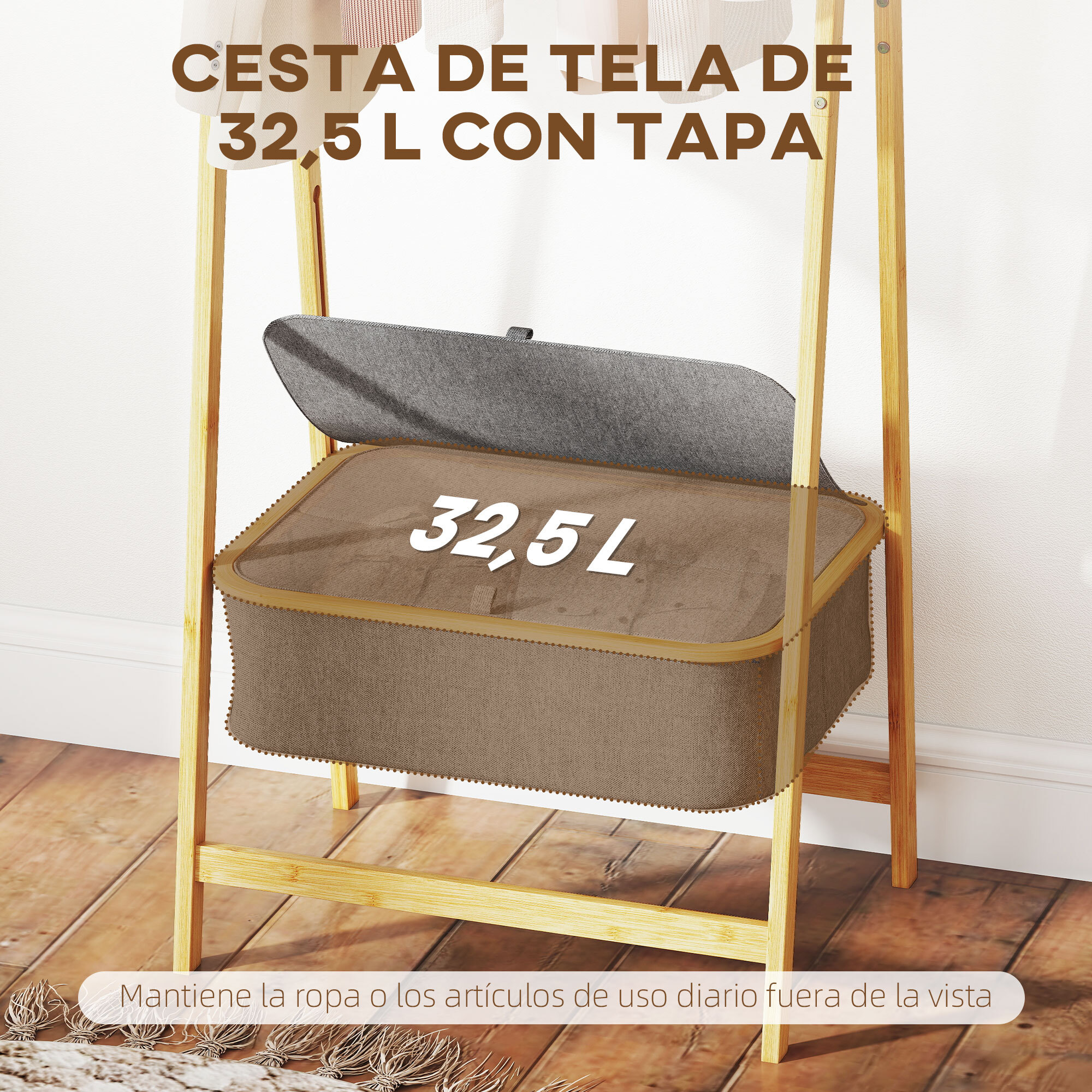 Burro Ropa de Bambú con Cesta de Tela con Tapa, Perchero Burro Ropa Plegable, Perchero para Recibidor, Entrada, Dormitorio, 60x44,5x157,5 cm, Natural y Gris