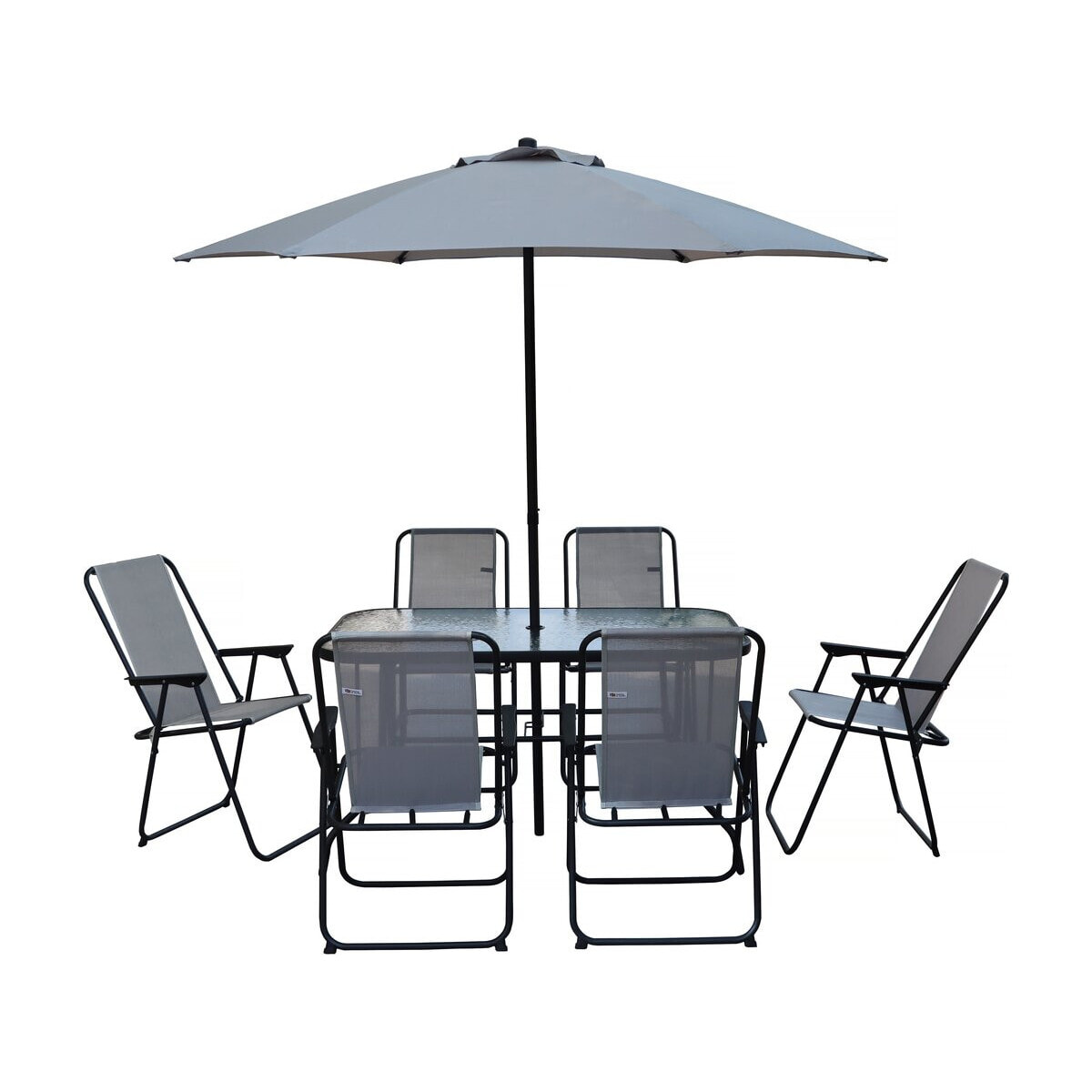 Table et chaises de jardin avec parasol en métal "Convivia" - 6 places - Gris clair