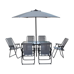 Table et chaises de jardin avec parasol en métal "Convivia" - 6 places - Gris clair
