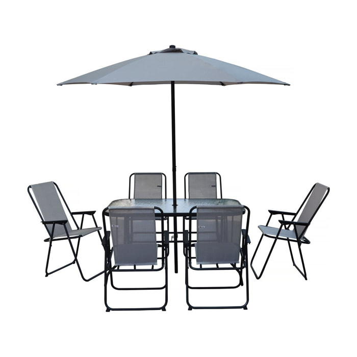 Table et chaises de jardin avec parasol en métal "Convivia" - 6 places - Gris clair