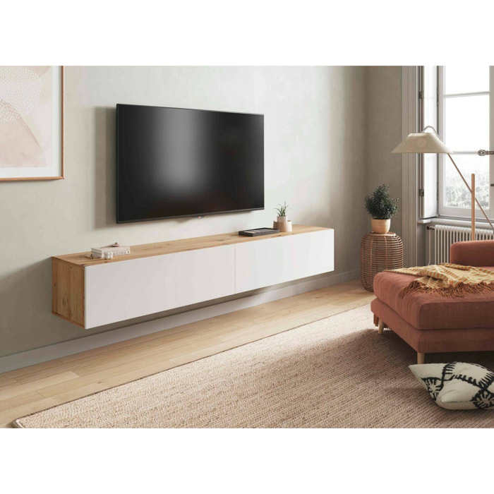 Mobile porta TV Vincennes, Porta TV a 2 ante, Mobile sospeso soggiorno, 180x35h28 cm, Rovere Nodi e Bianco lucido