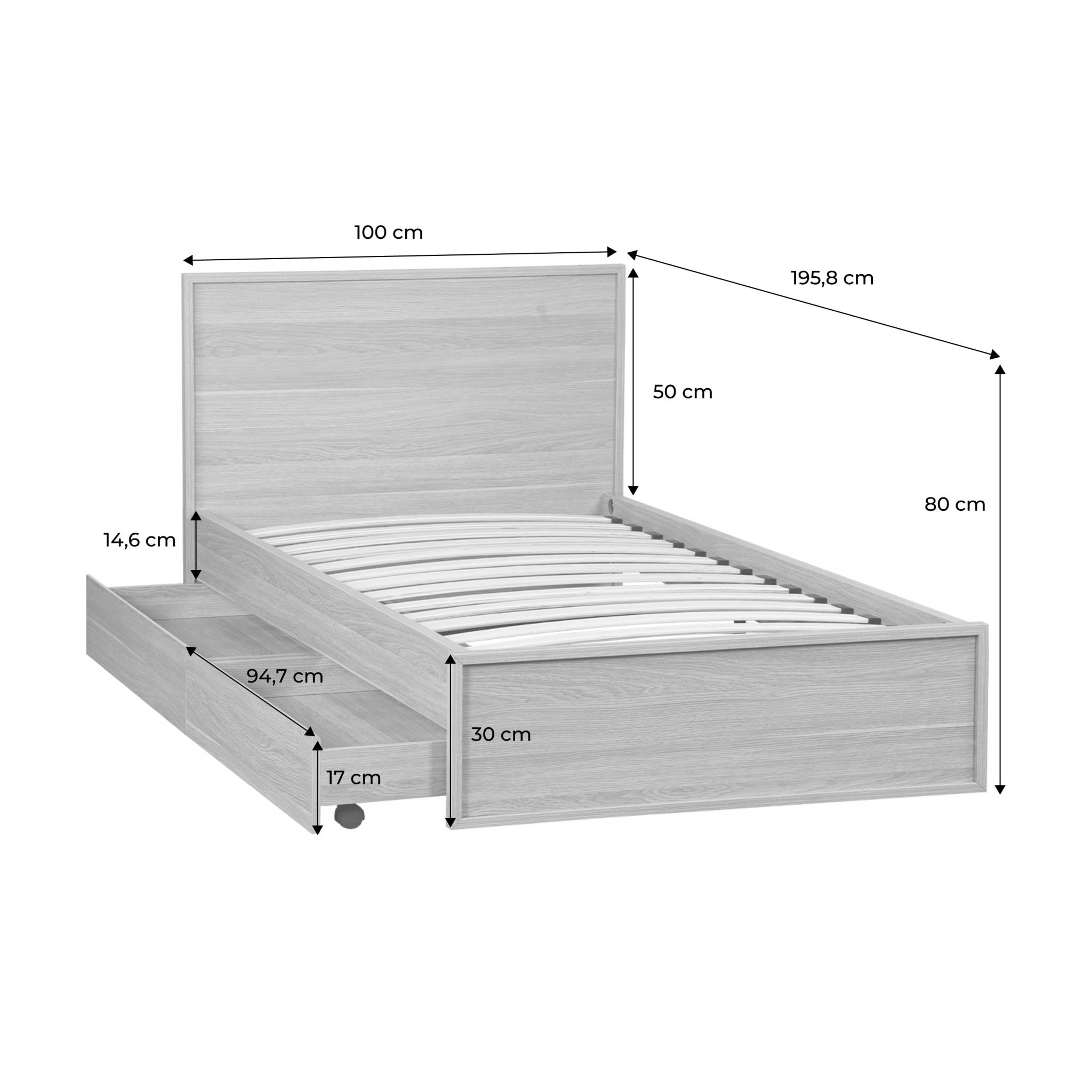 Lit avec sommier à lattes et tête de lit 90 x 190cm + 2 tiroirs décor bois KUBA