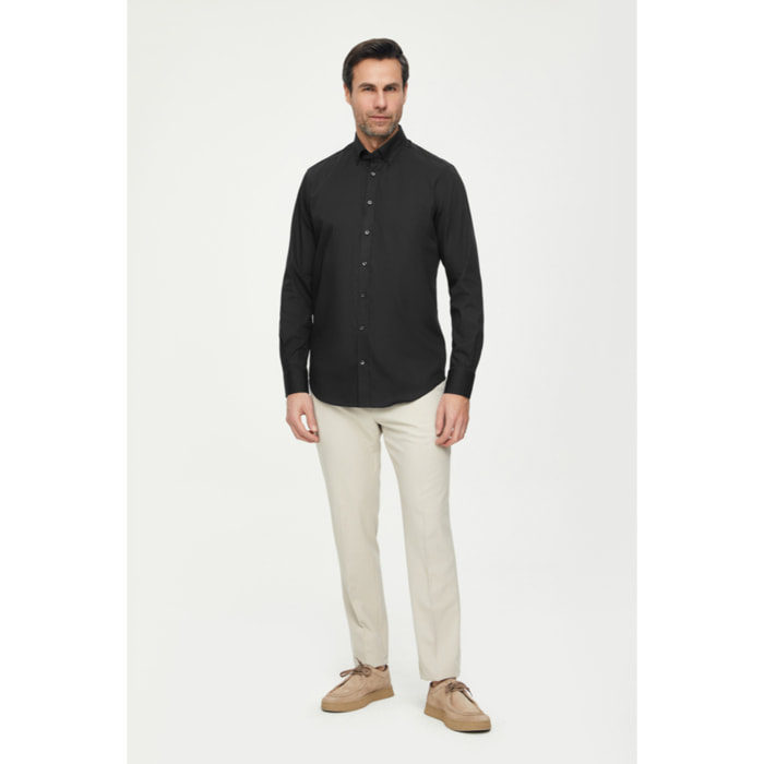 Camicia Uomo 1 Bottone Button Down Slim Cotone Unito Nero