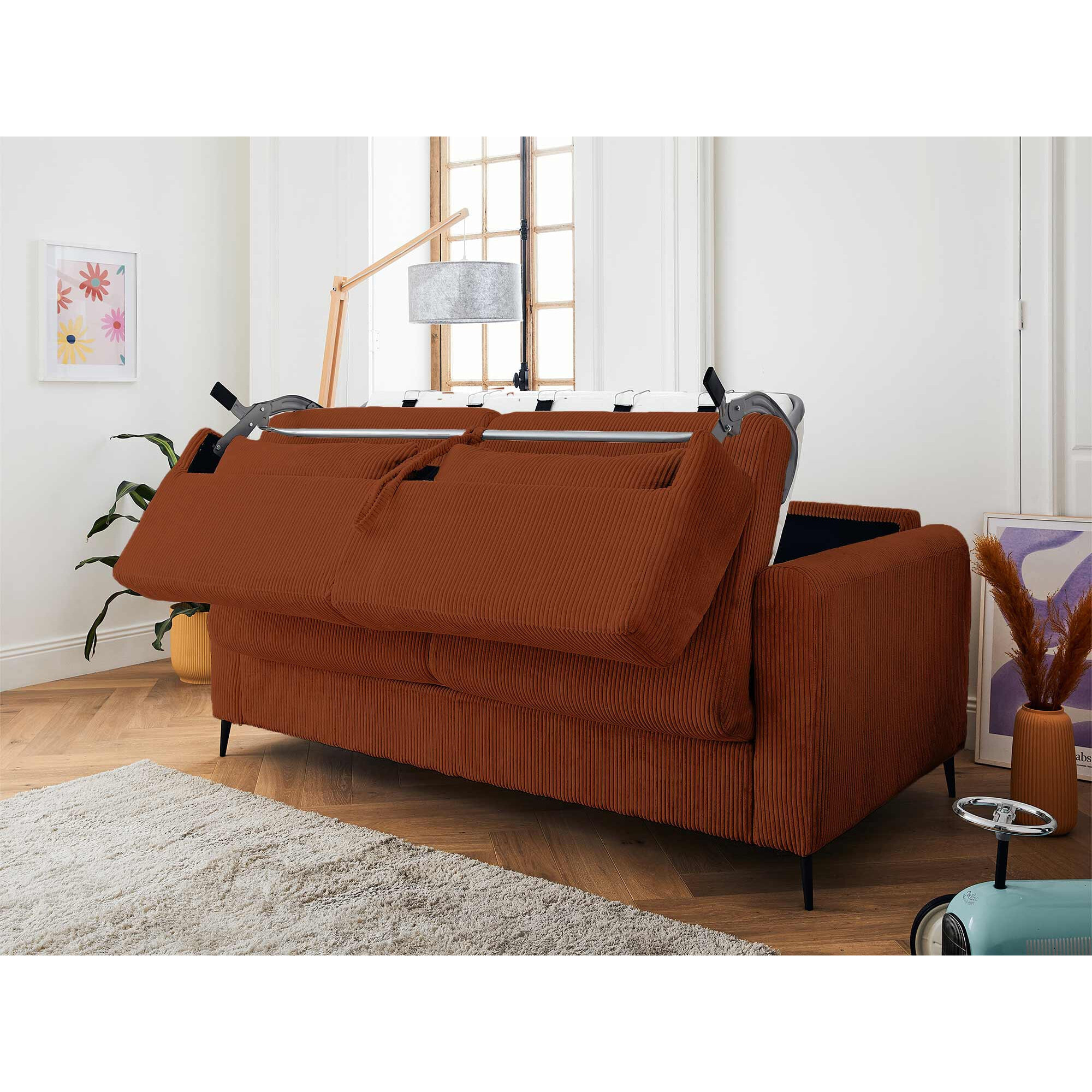Owen - canapé lit 3 places convertible express couchage quotidien 140 cm matelas 12 cm en velours côtelé - Terracotta
