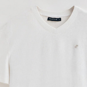 Camiseta blanca en lino y algodón de cuello en pico y monograma bordado