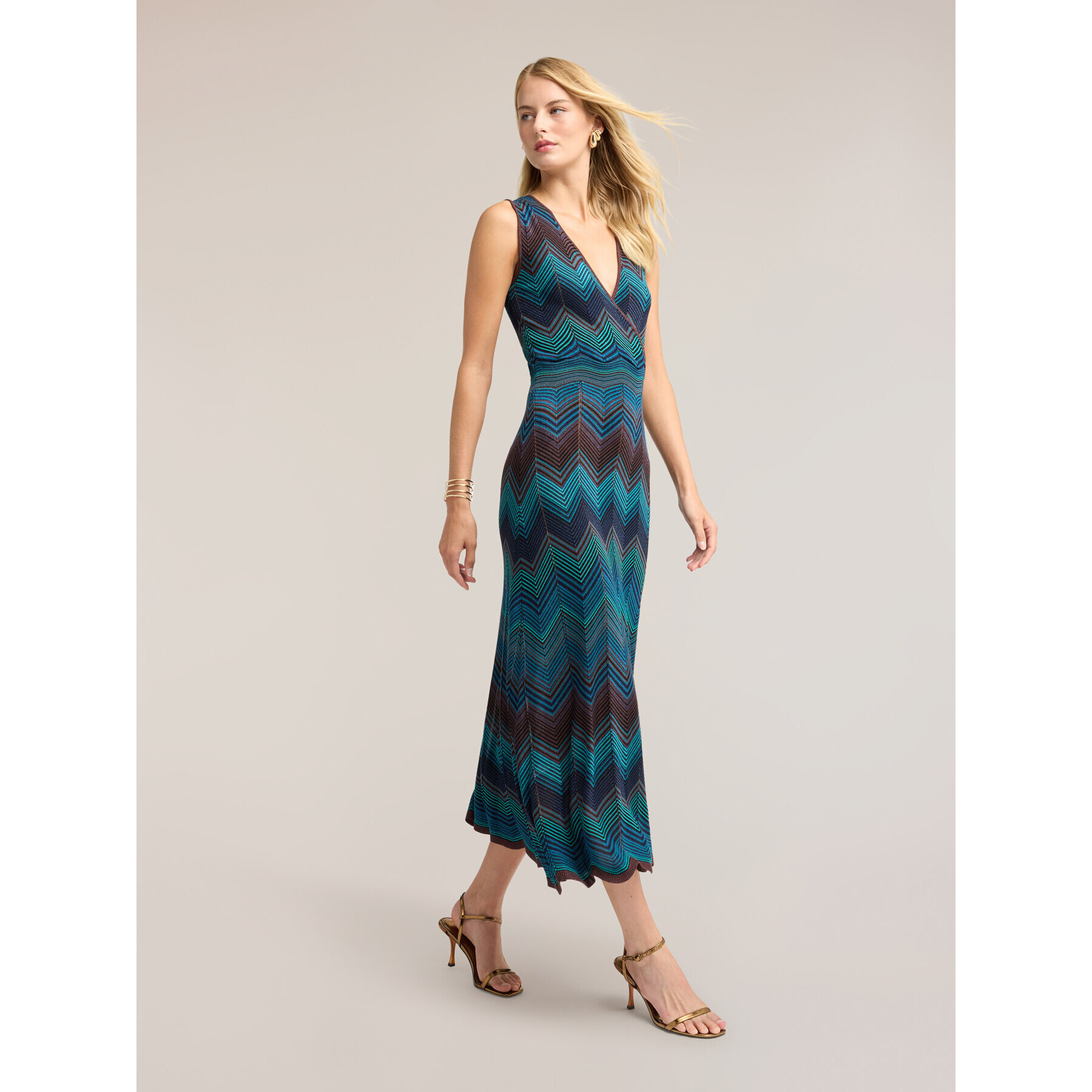 Motivi - Vestido tubo largo en punto fino chevron - Azul