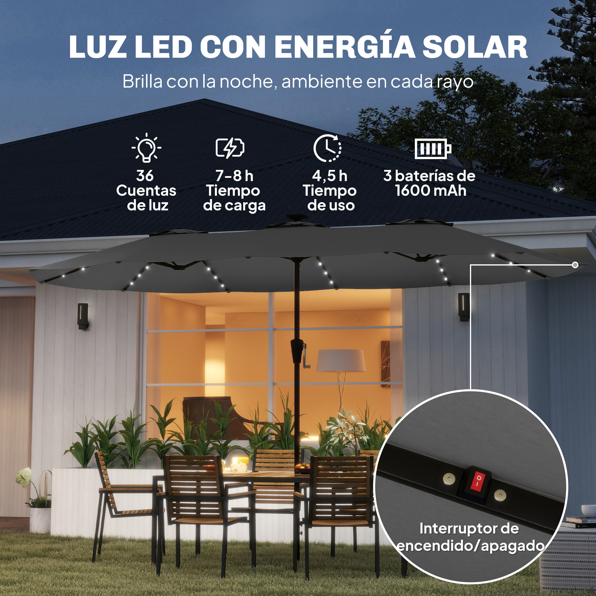 Sombrilla Doble con 36 Luces LED Solares, 4x2 m, Sombrilla Terraza Exterior con Manivela, UPF50+, 12 Varillas, Resistente al Agua, Parasol para Jardín, Terraza, Patio, Gris Oscuro
