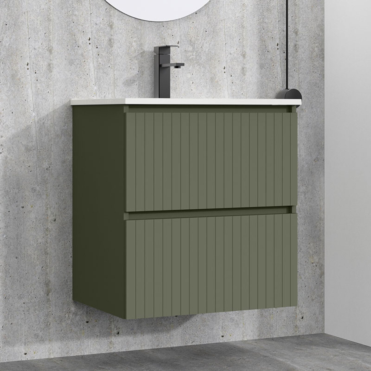 Conjunto de Baño Miya | Mueble de Baño Suspendido | 60 cm Verde Musgo| Dos Cajones | Lavabo Encastrado | No incluye Espejo | Alday