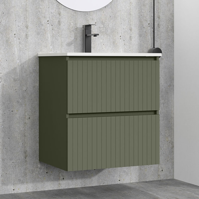 Conjunto de Baño Miya | Mueble de Baño Suspendido | 60 cm Verde Musgo| Dos Cajones | Lavabo Encastrado | No incluye Espejo | Alday