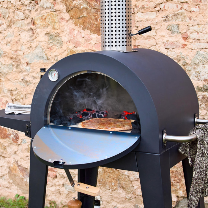 Four à pizza d'extérieur charbon de bois, tablette rabattable, pierre à pizza et cheminée GIULIA