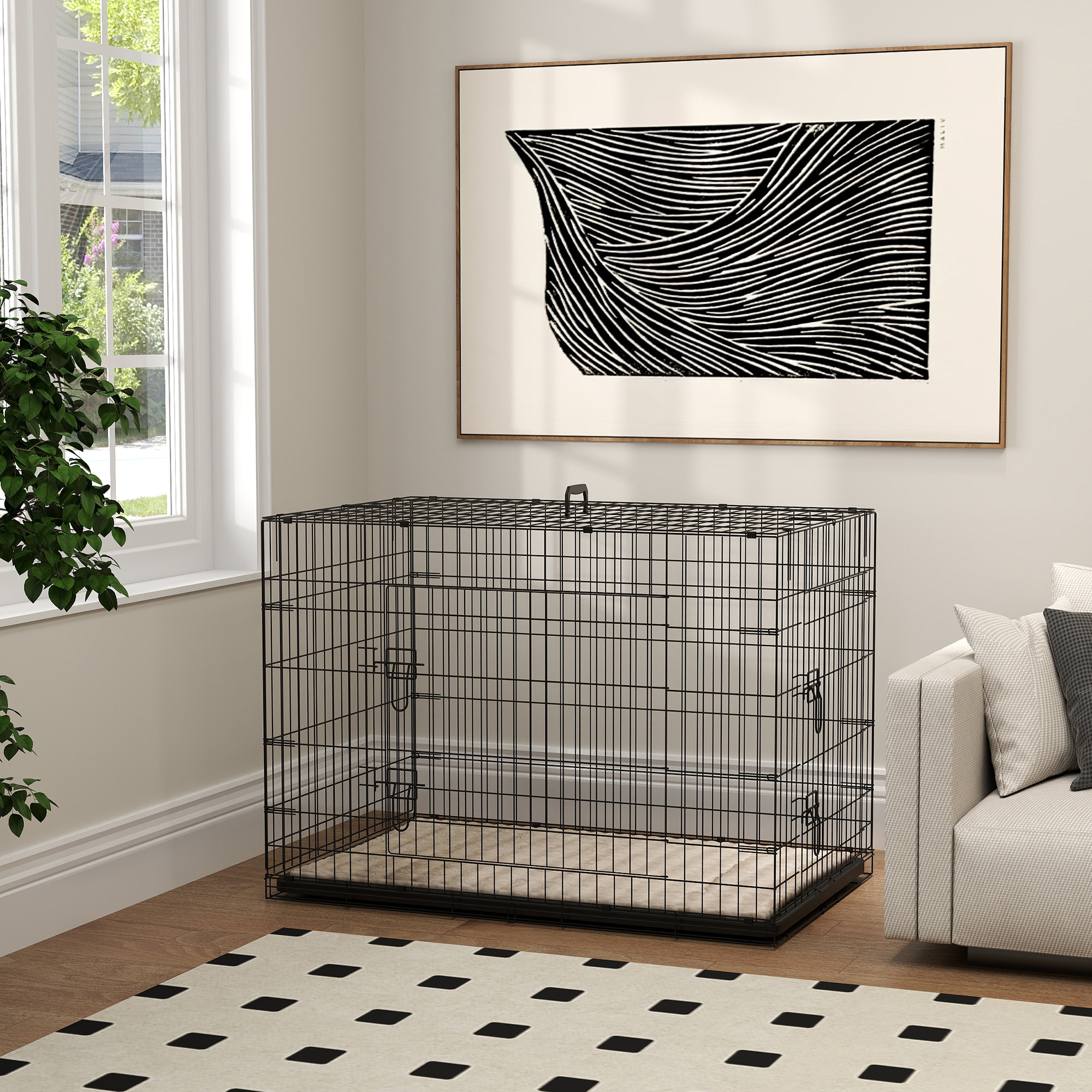 Jaula para Perros Plegable, Jaula para Perros Extragrandes con Cojín, 2 Puertas, Bandeja Extraíble y Marco de Alambre Metálico, 106x71,5x76 cm, Negro y Beige
