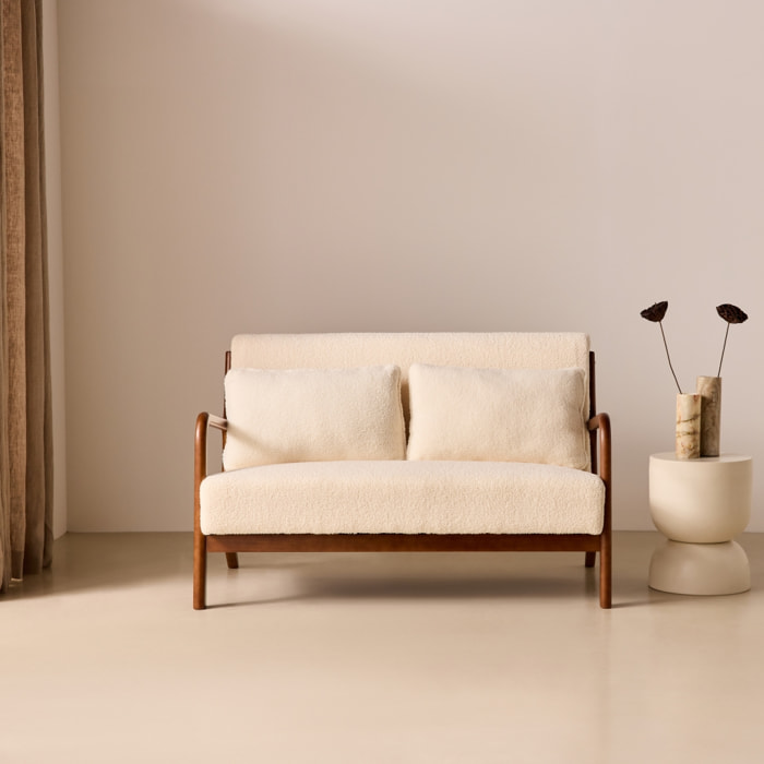 Banquette scandinave 2 places bois d'hévéa teinté noyer clair et bouclette LORENS