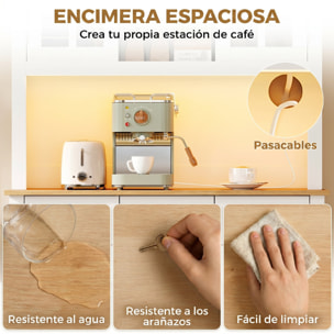 Alacena de Cocina con Iluminación LED Control por APP, Armario Cocina Alta con Encimera para Microondas, Botellero, Puertas de Vidrio, Estantes Abiertos, 3 Cajones, Estantes Ajustables, Blanco