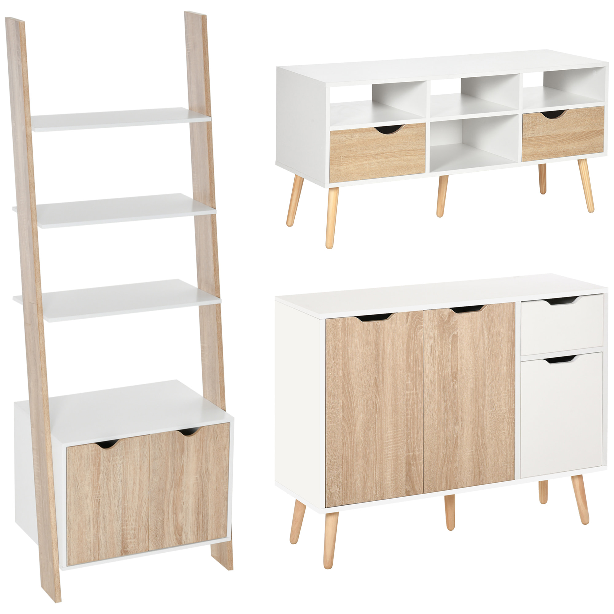 Conjunto para el Hogar Incluye 1 Mueble de TV para Televisiones hasta 50 Pulgadas 1 Aparador Auxiliar y 1 Estantería en Forma de Escalera Blanco y Natural