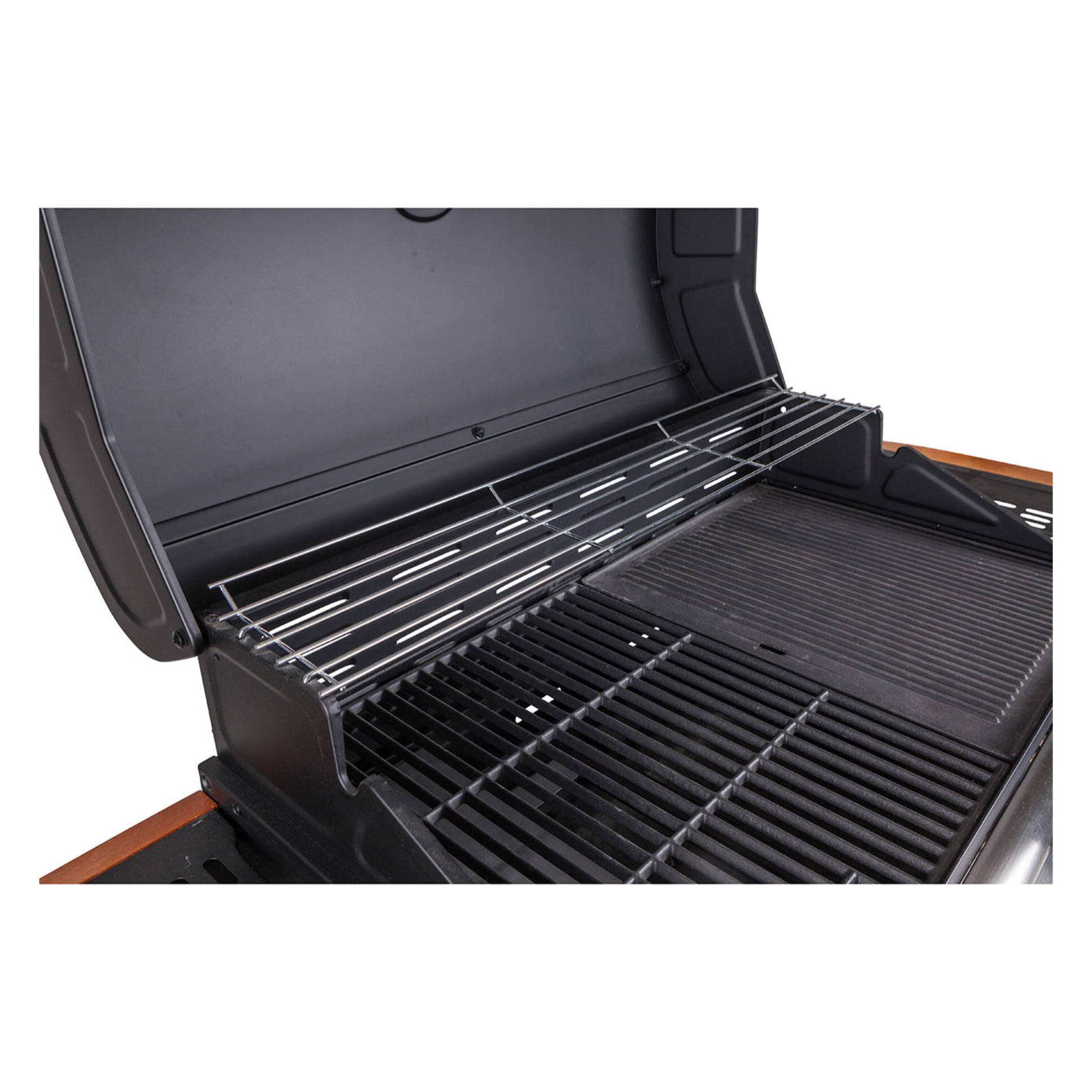 Barbecue a gas 4 bruciatori, in metallo e ripiani in legno, cm144 x 56 x h106