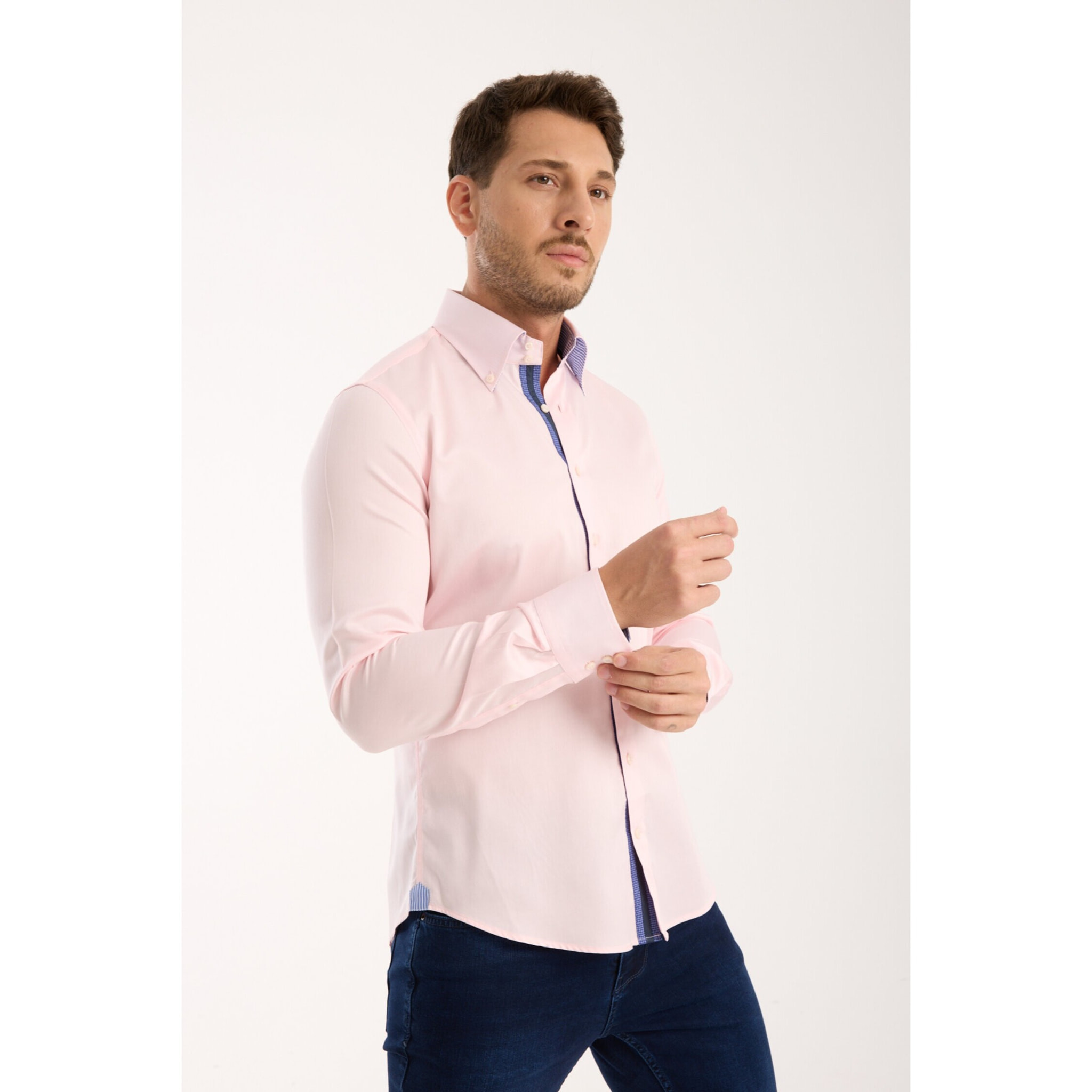 Camicia Uomo 2 Bottoni Button Down Slim Satin Unito Rosa