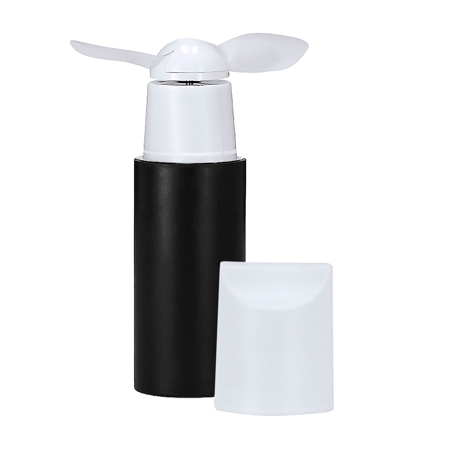 Ventilador portátil con capucha, equipado con 2 aspas plegables y botón lateral de encendido.