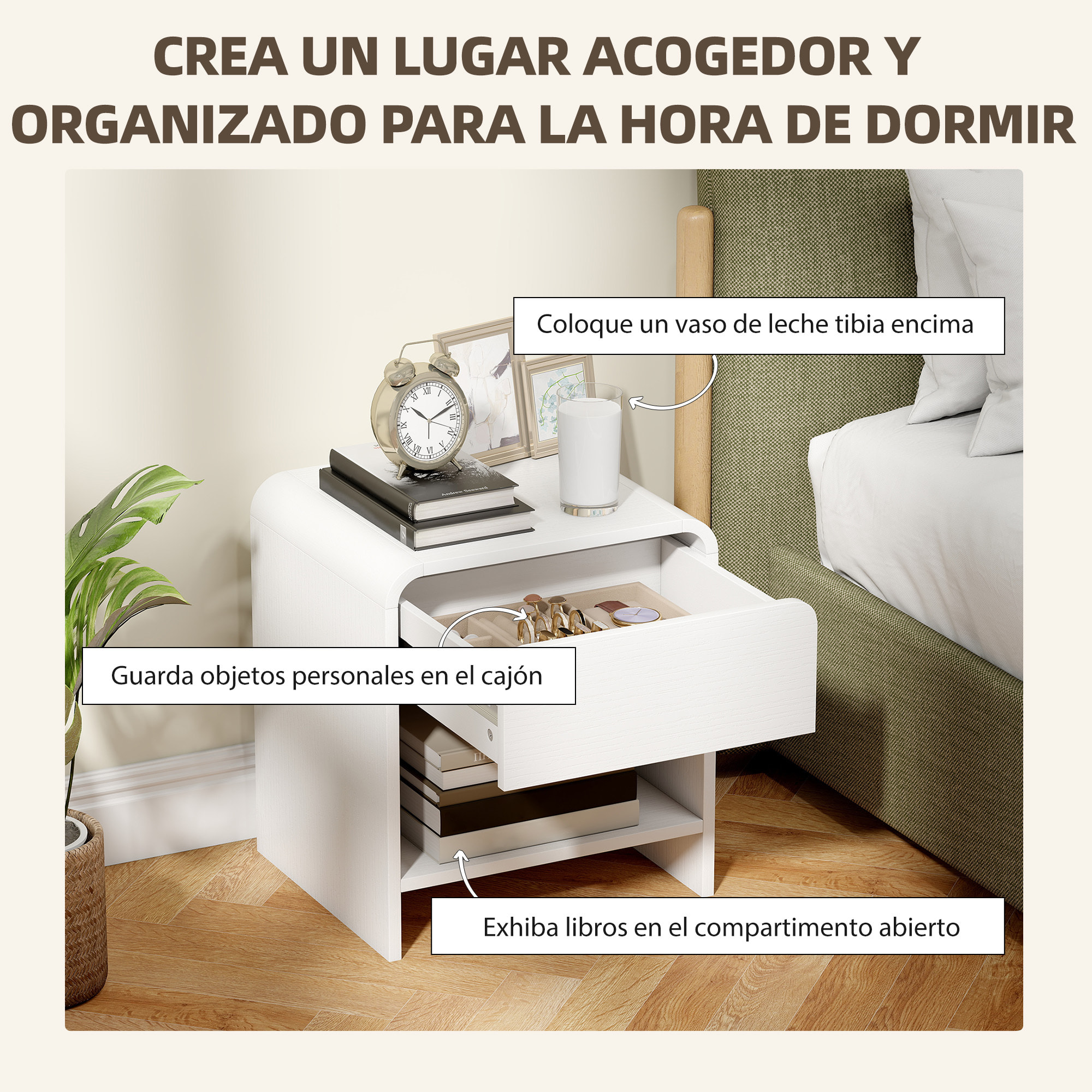 HOMCOM Juego de 2 Mesitas de Noche Nórdicas, Mesillas de Noche con Esquinas Redondeadas, Cajón y Estante Abierto, Mesita Auxiliar para Salón, Dormitorio, 40x35x45 cm, Blanco
